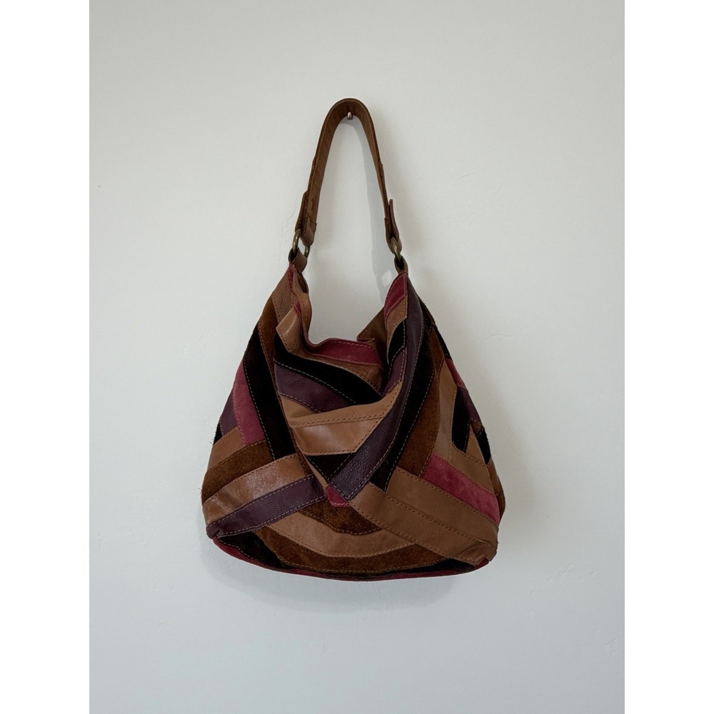 Lucky Brand Patchwork Leather Suede Hobo Bag Y2K Boho Brown Multicolor